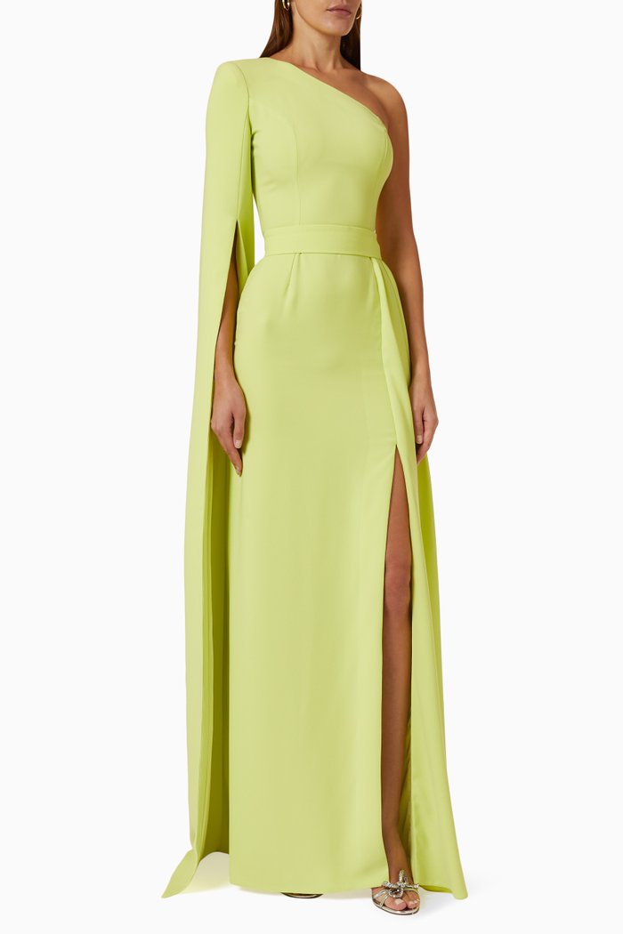 

Elongated-sleeve One-shoulder Gown in Crepe, Green