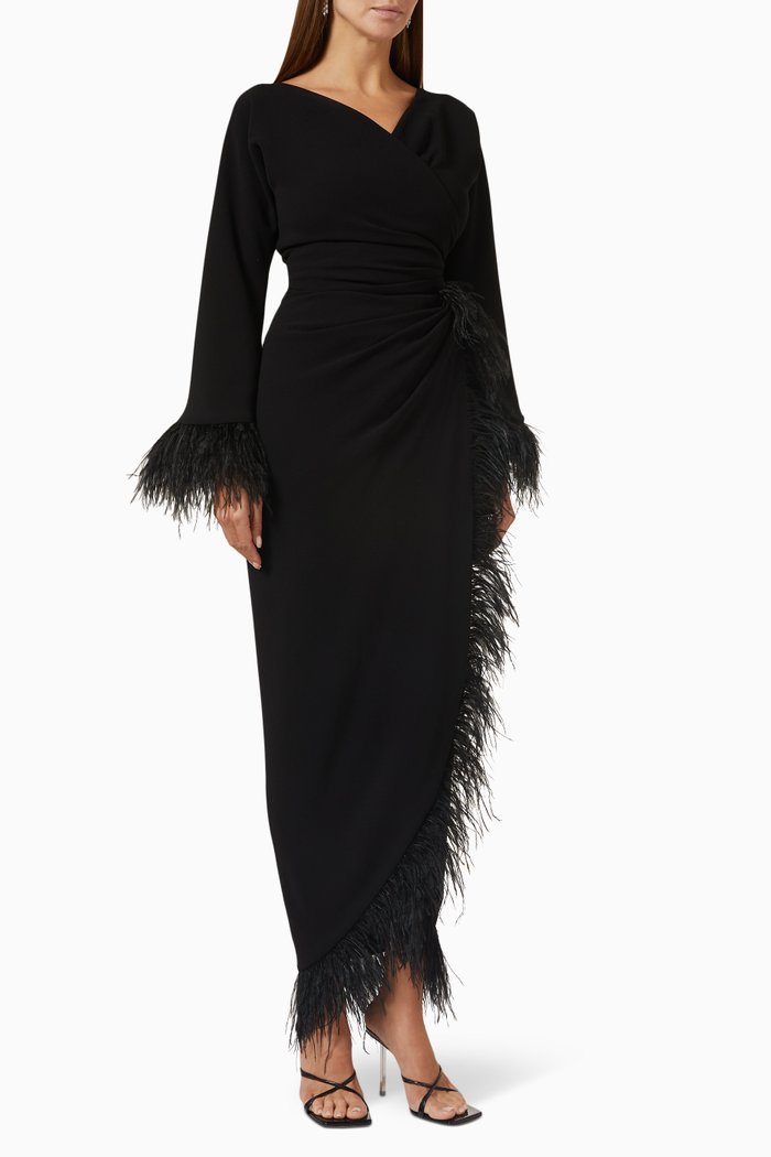 Feather-trim Wrap Midi Dress, Black