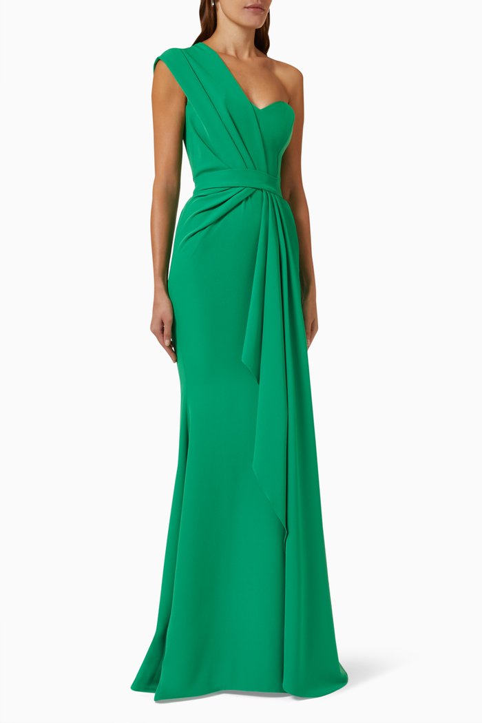

One-shoulder Bustier Gown in Crepe, Green