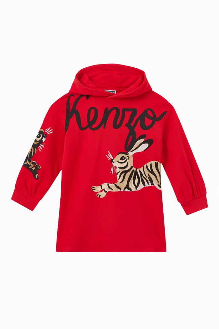 

Rabbit Print Hooded Dress in Cotton, Red