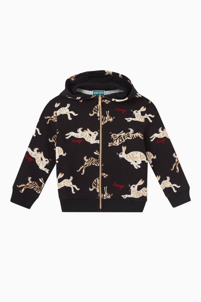 

Rabbit Print Hoodie in Cotton, Black