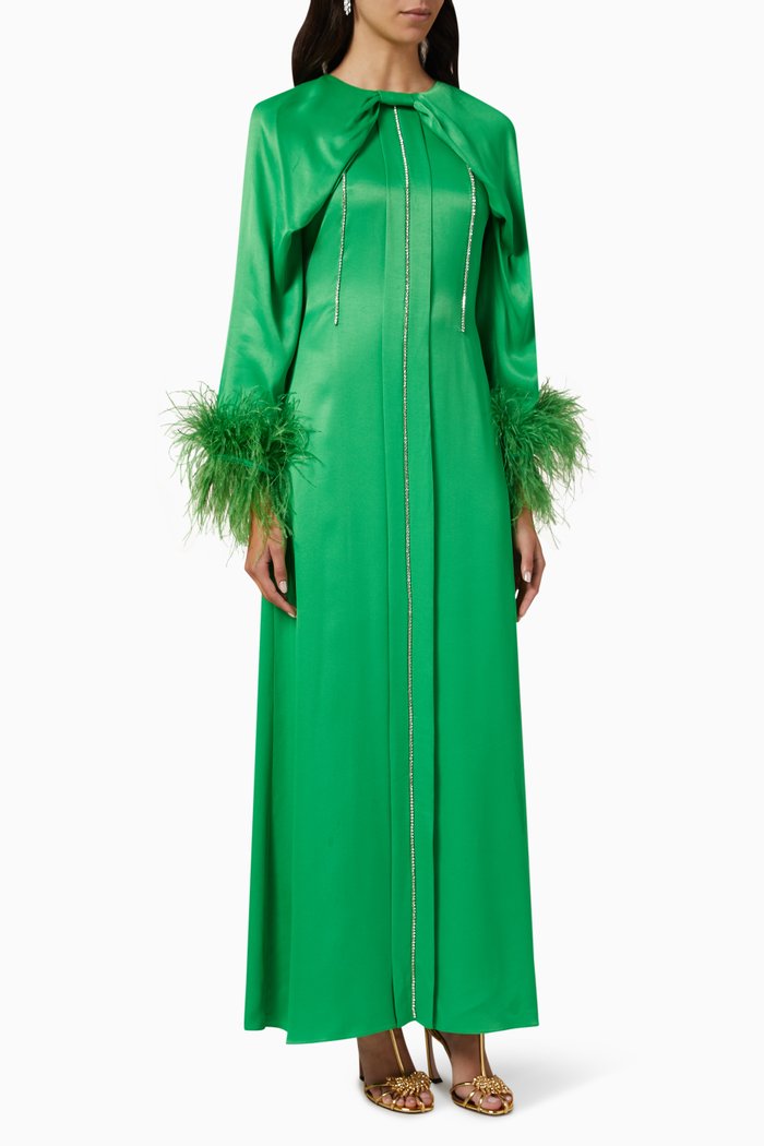 

Feather & Rhinestone-embellished Kaftan, Green