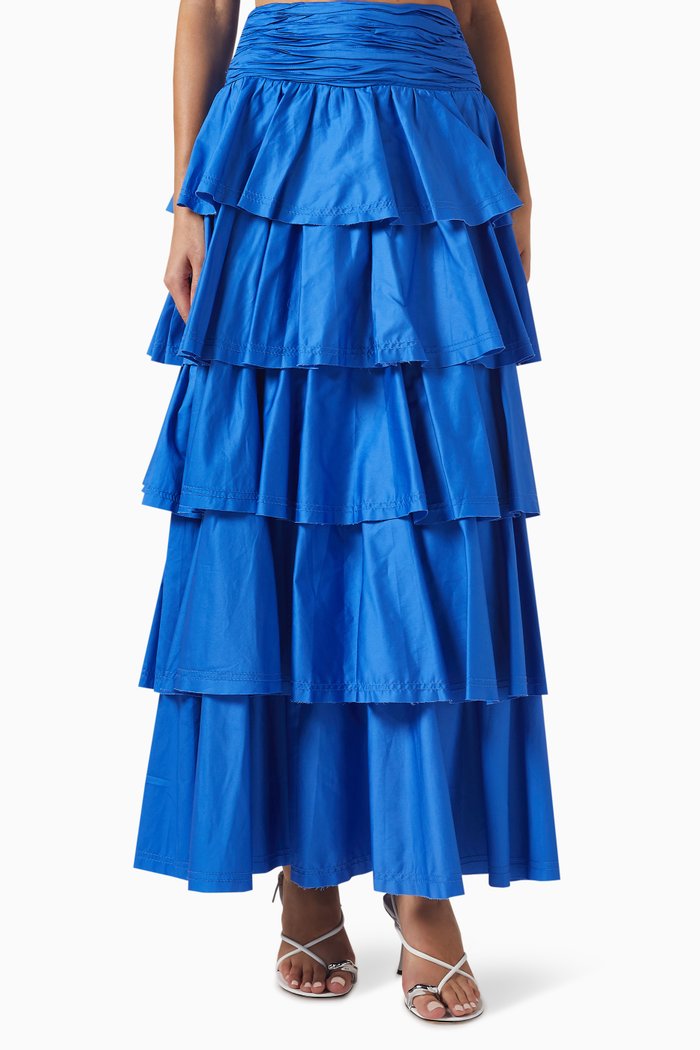 

Eleni Tiered Maxi Skirt in Cotton-poplin, Blue