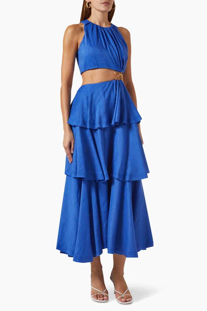 

Wave Cut-out Ring Midi Dress in Linen-blend, Blue