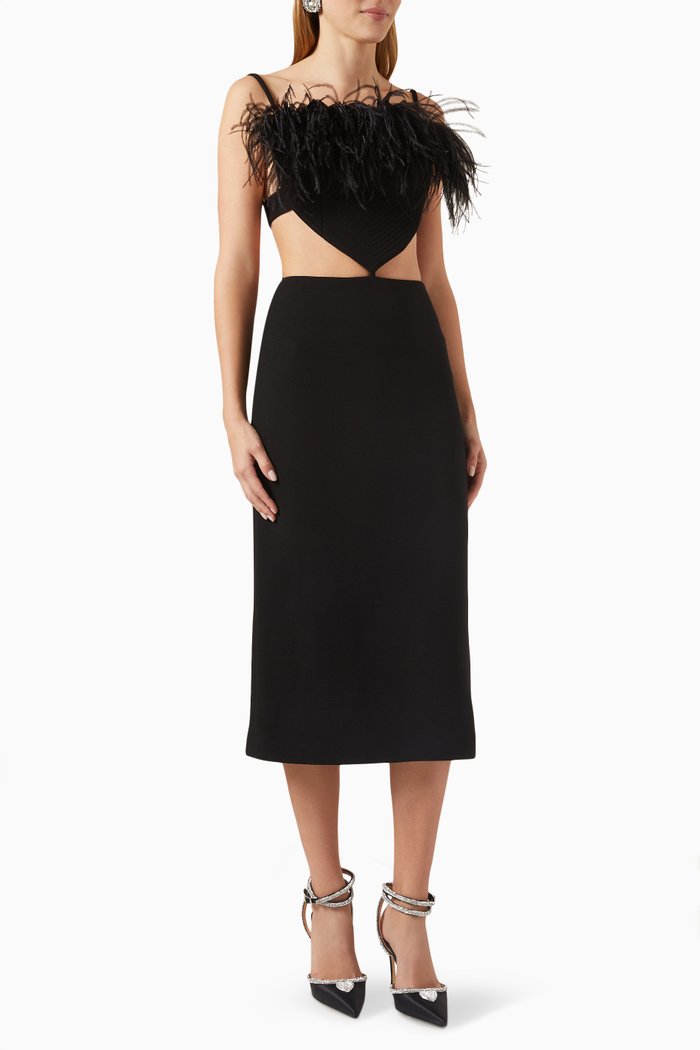 

Feather-trimmed Cut-out Midi Dress in Crepe, Black