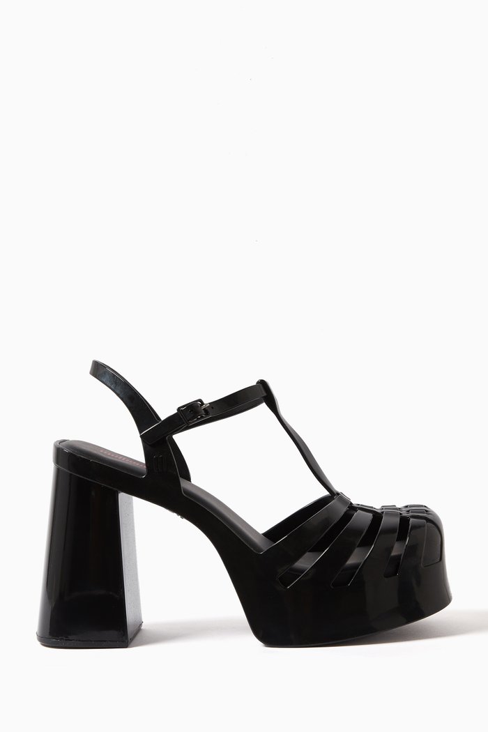 

Party Platform Heel 115 Caged Sandals in Melflex™, Black