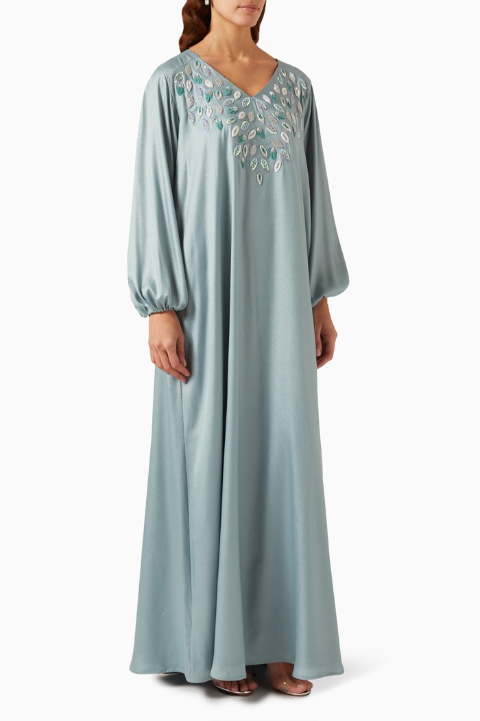 

Embroidered Jalabiya in Crepe, Blue