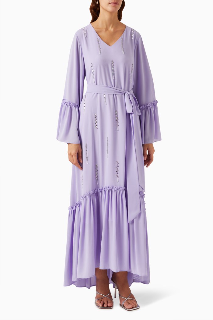 

Embellished Ruffled Jalabiya in Chiffon, Purple