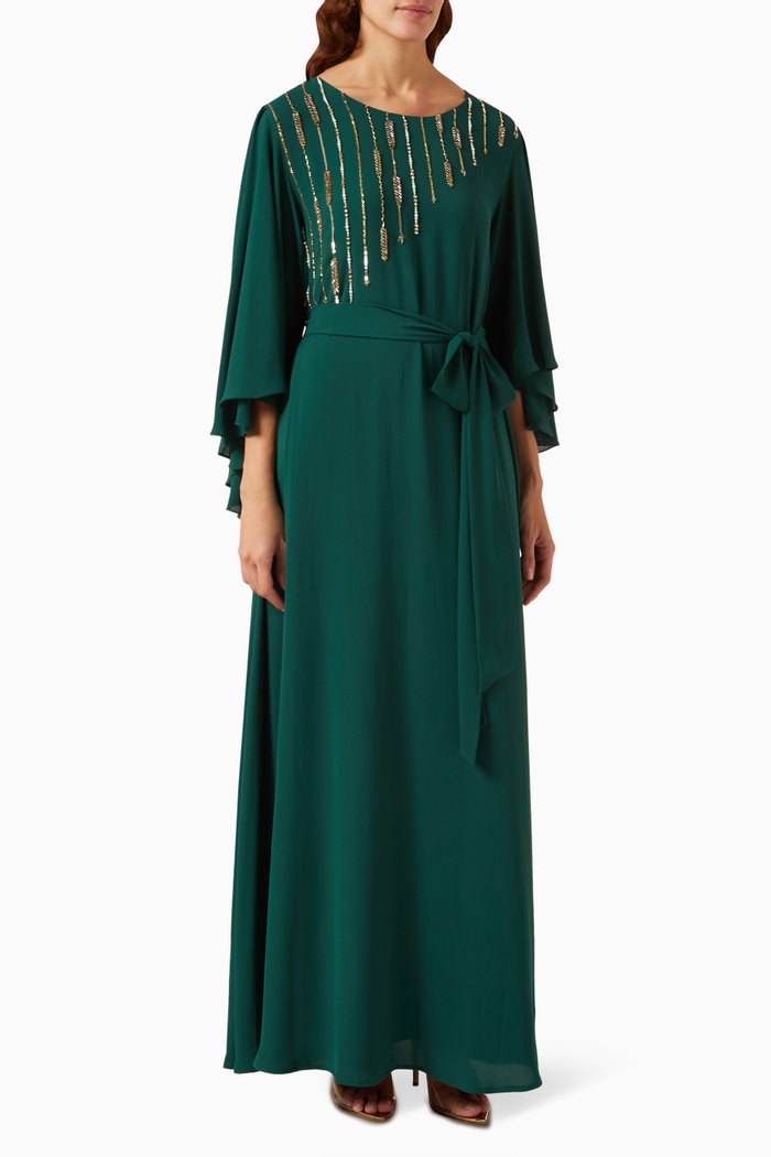 

Striped Embellished Jalabiya in Crepe, Green