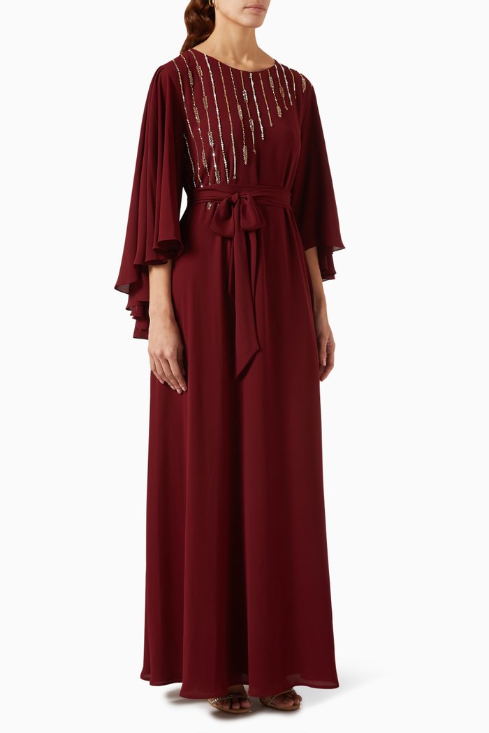 

Striped Embellished Jalabiya in Crepe, Red