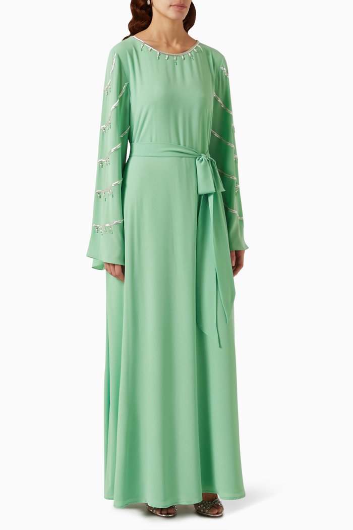 

Beaded Embroidered Jalabiya in Crepe, Green