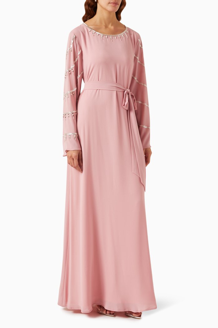 

Beaded Embroidered Jalabiya in Crepe, Pink