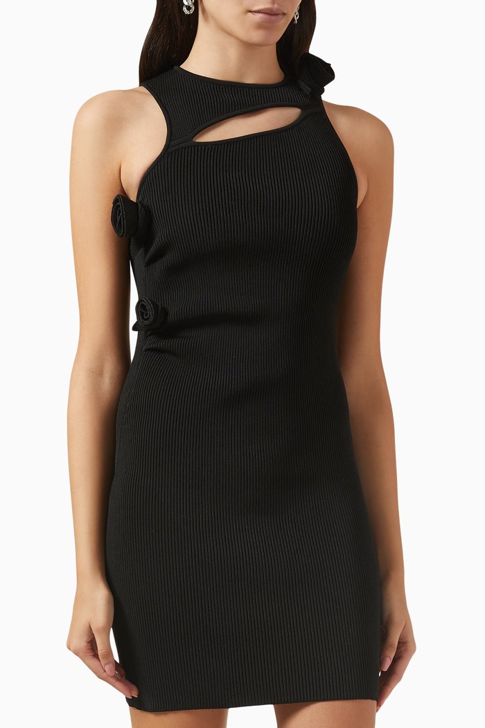 

Asymmetric Flower Knit Mini Dress, Black