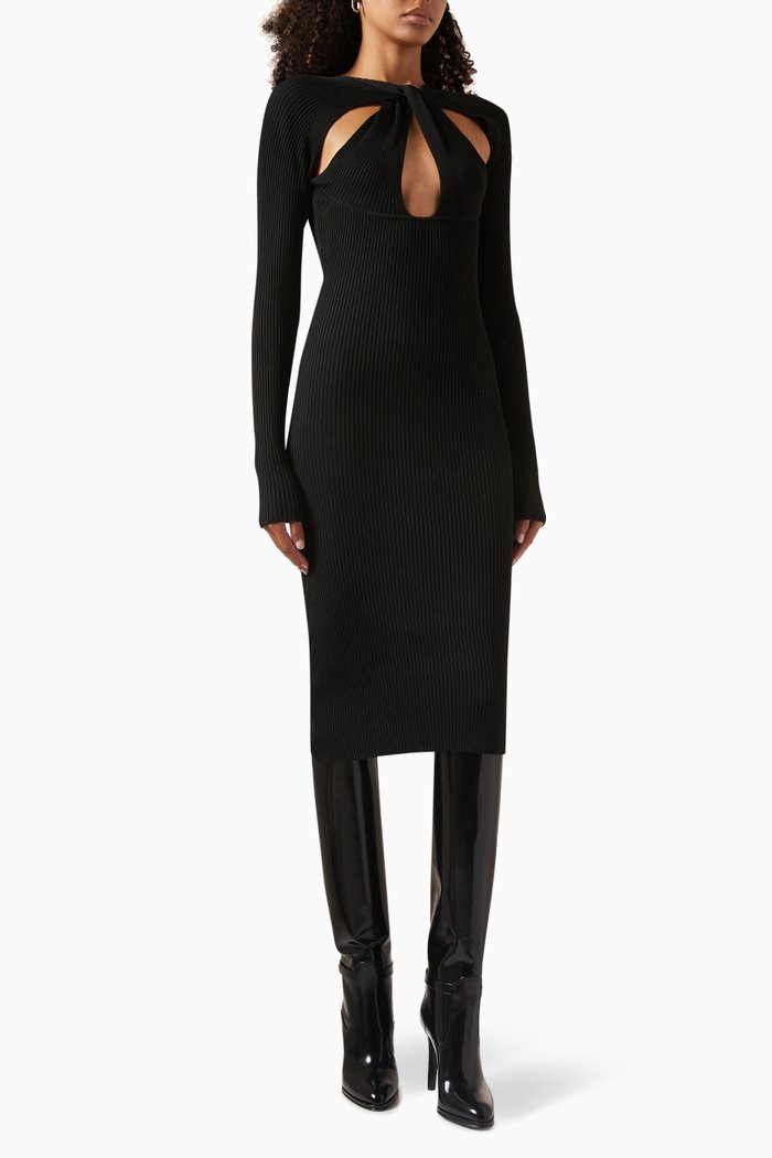 

Twisted Cut-out Midi Dress in Ribbed Knit, Black