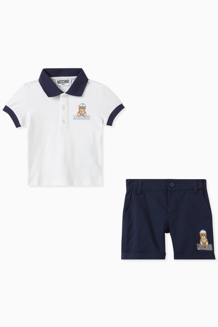 

Teddy Print Polo Shirt and Shorts Set, Blue