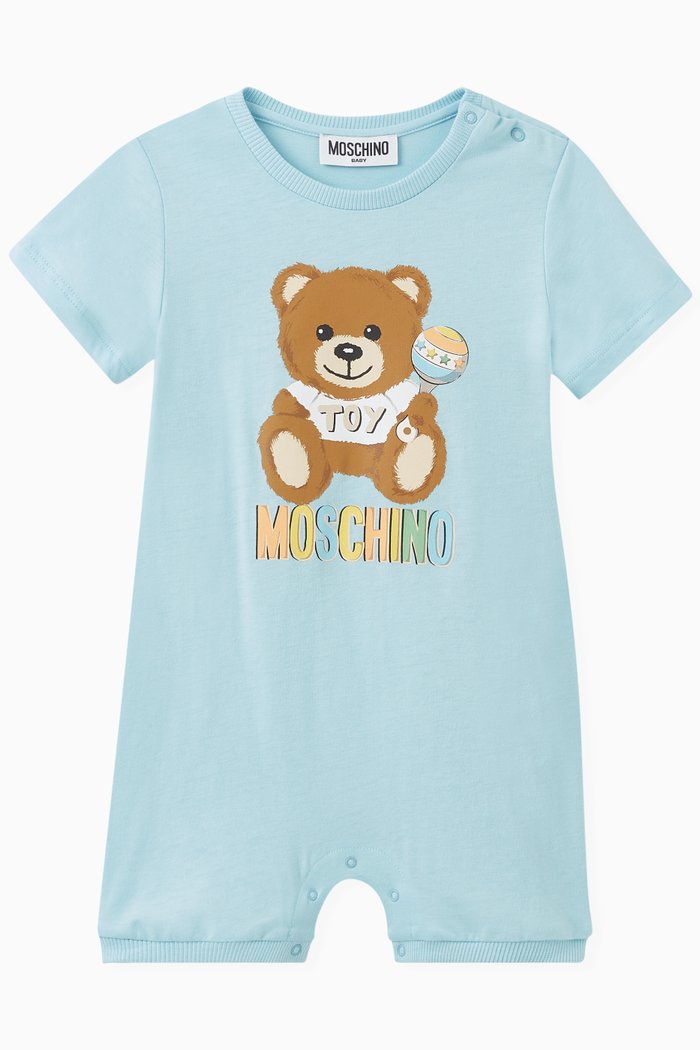 

Teddy Print Romper in Cotton, Blue