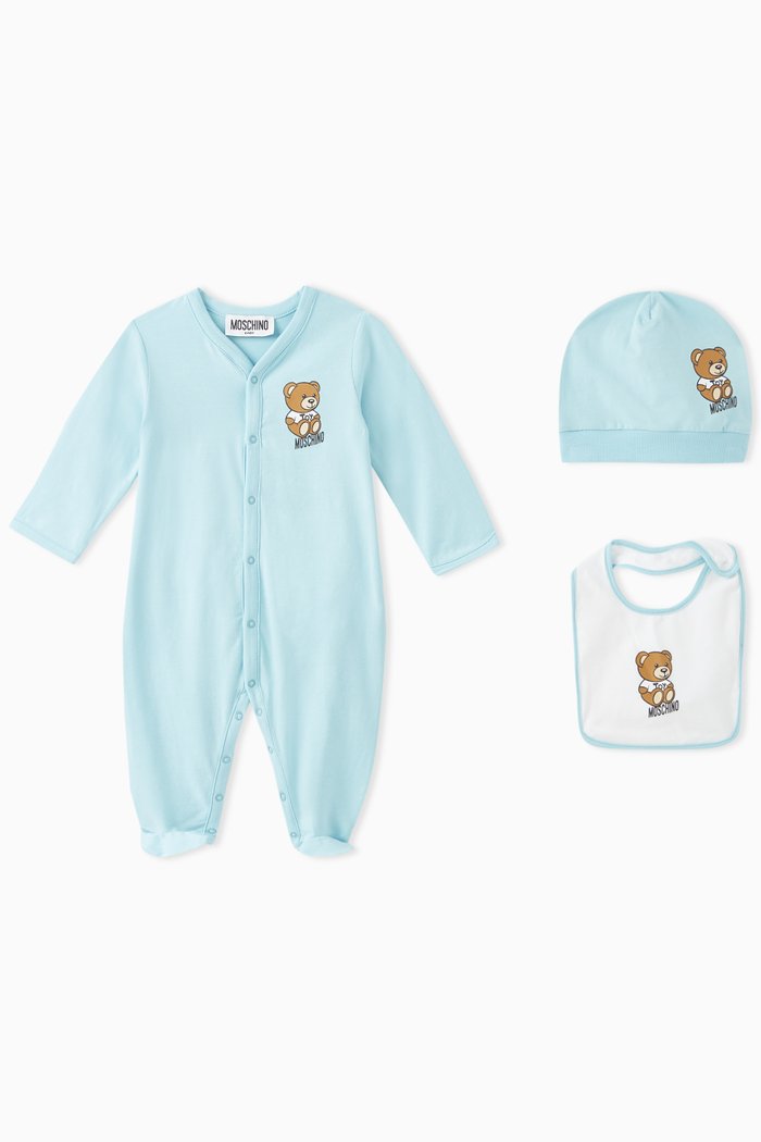 

Teddy Print Sleepsuit Set in Cotton, Blue