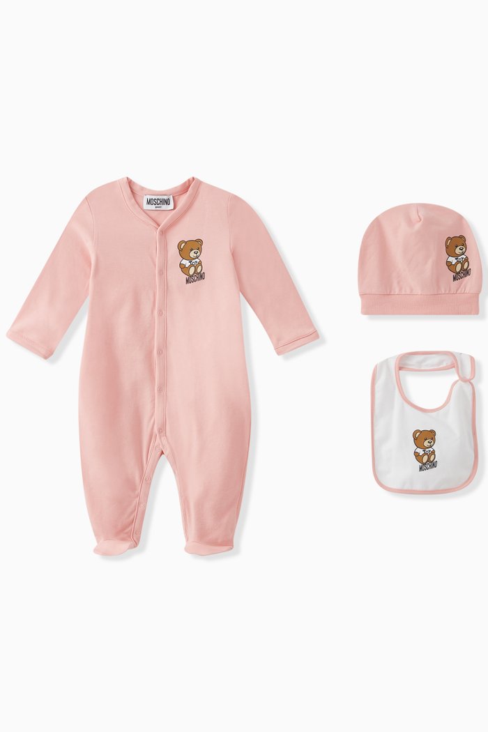 

Teddy Print Sleepsuit Set in Cotton, Pink
