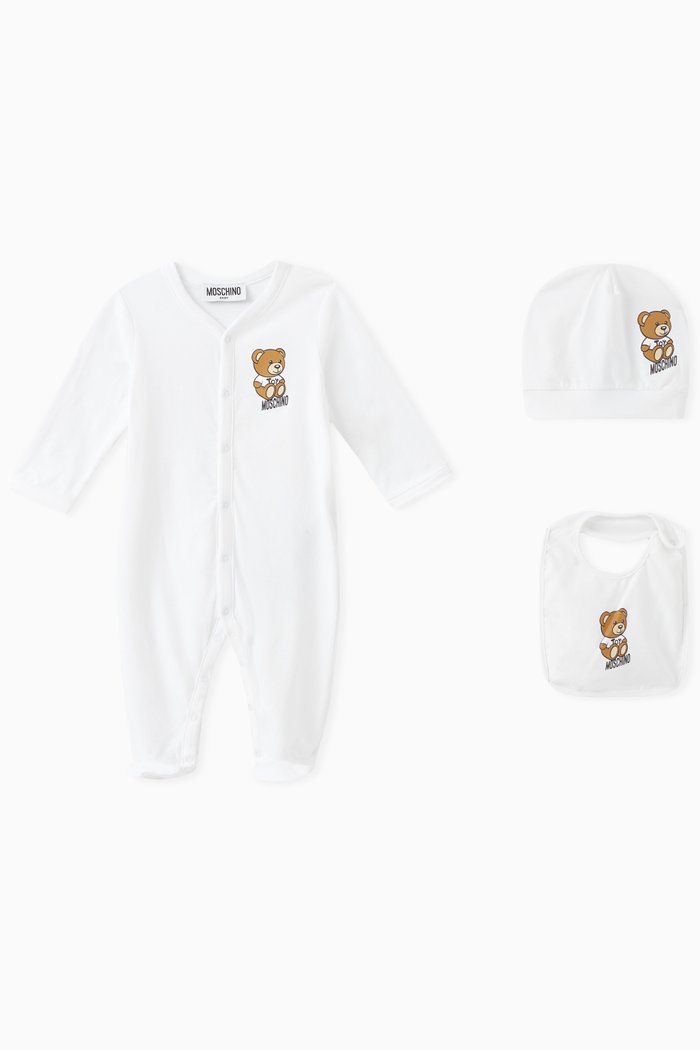 

Teddy Print Sleepsuit Set in Cotton, White
