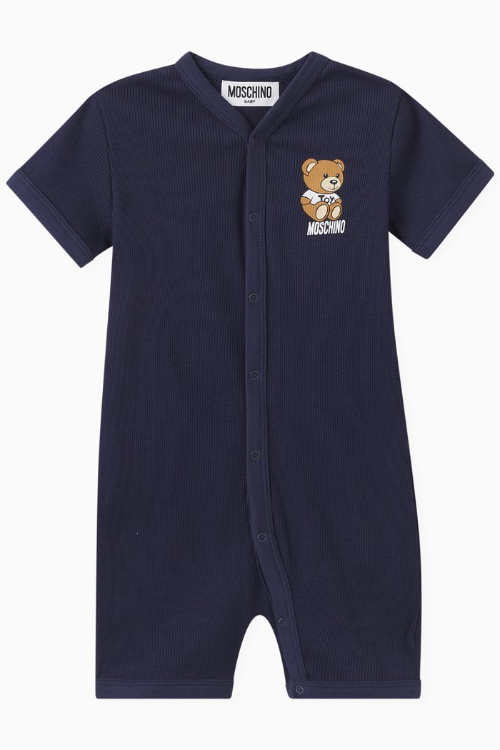 

Teddy Print Romper in Cotton, Blue