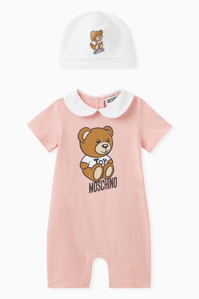 

Teddy Print Romper & Hat Set, Pink