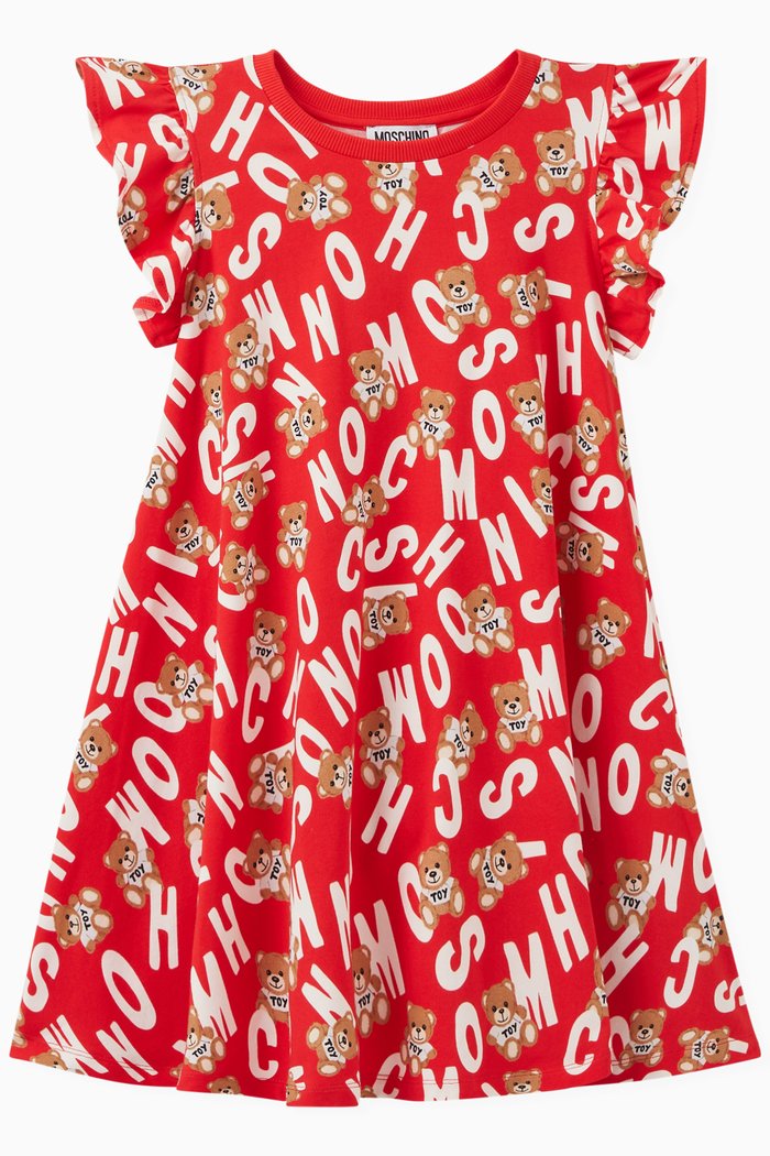Teddy Print Dress in Cotton, Red