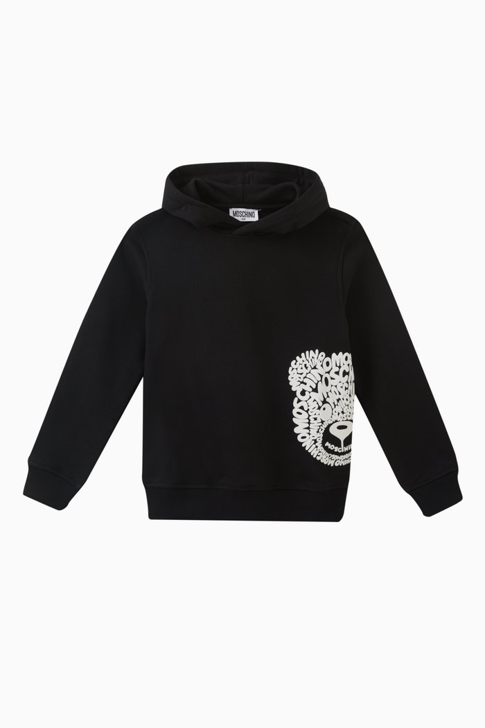 

Teddy Print Hoodie in Cotton, Black