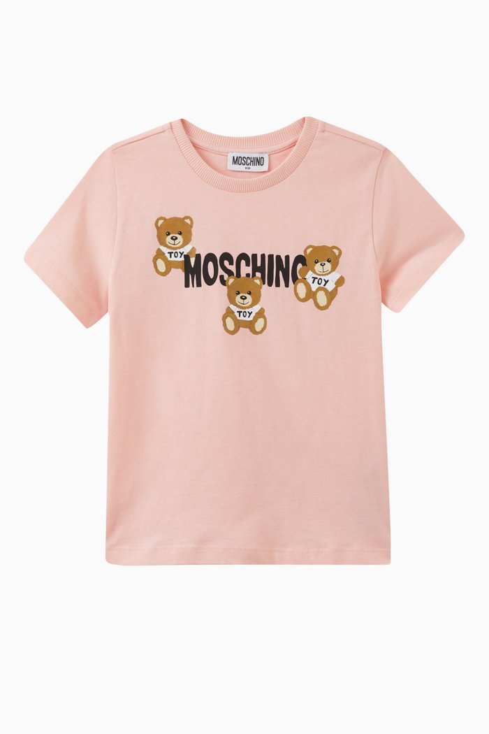 Logo & Teddy Bear Print T-shirt in Cotton, Pink