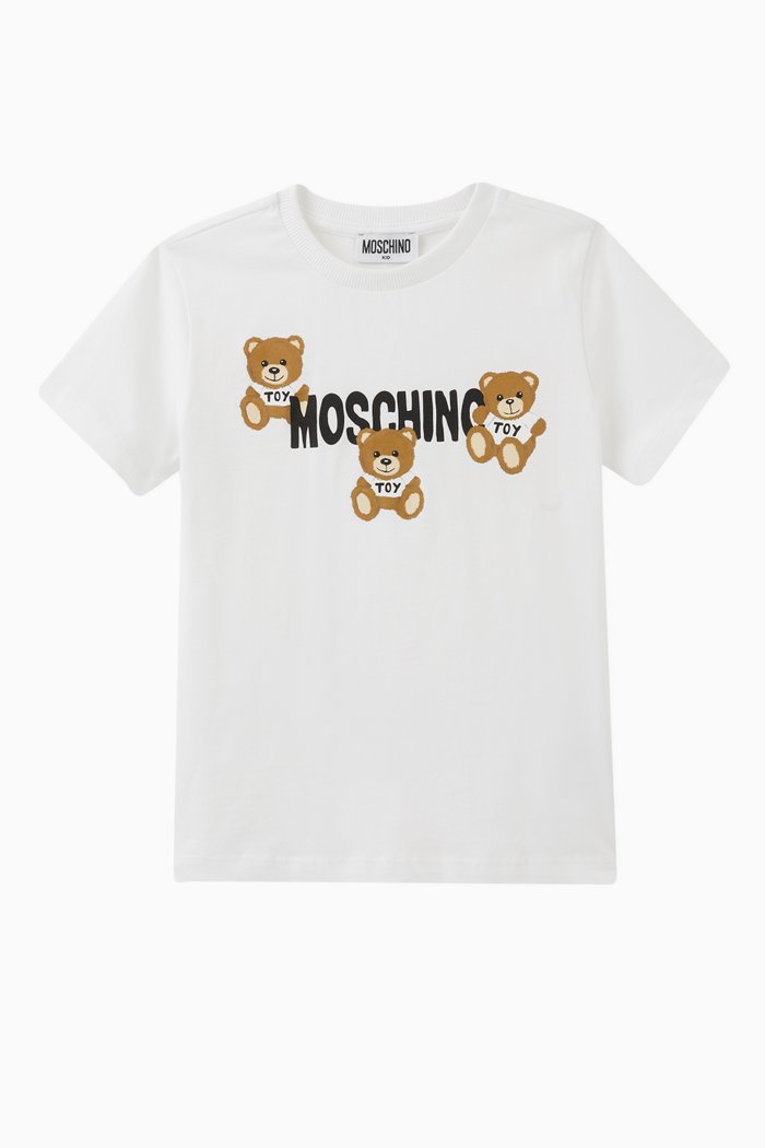 Logo & Teddy Bear Print T-shirt in Cotton, White