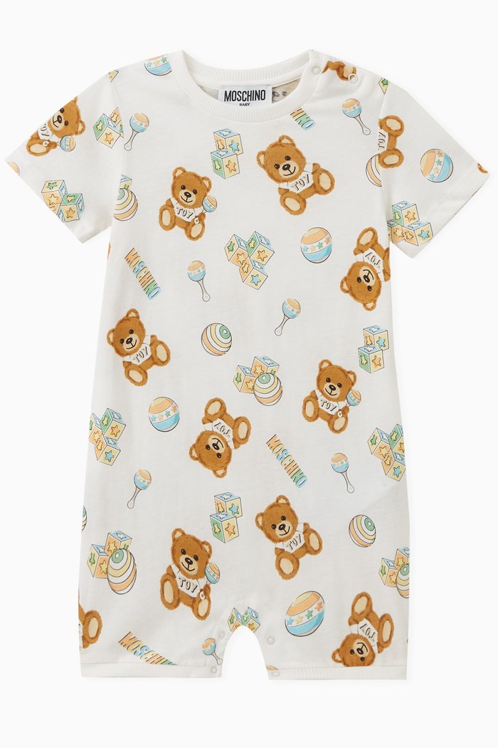 

Teddy Bear Print Romper in Cotton Jersey, White