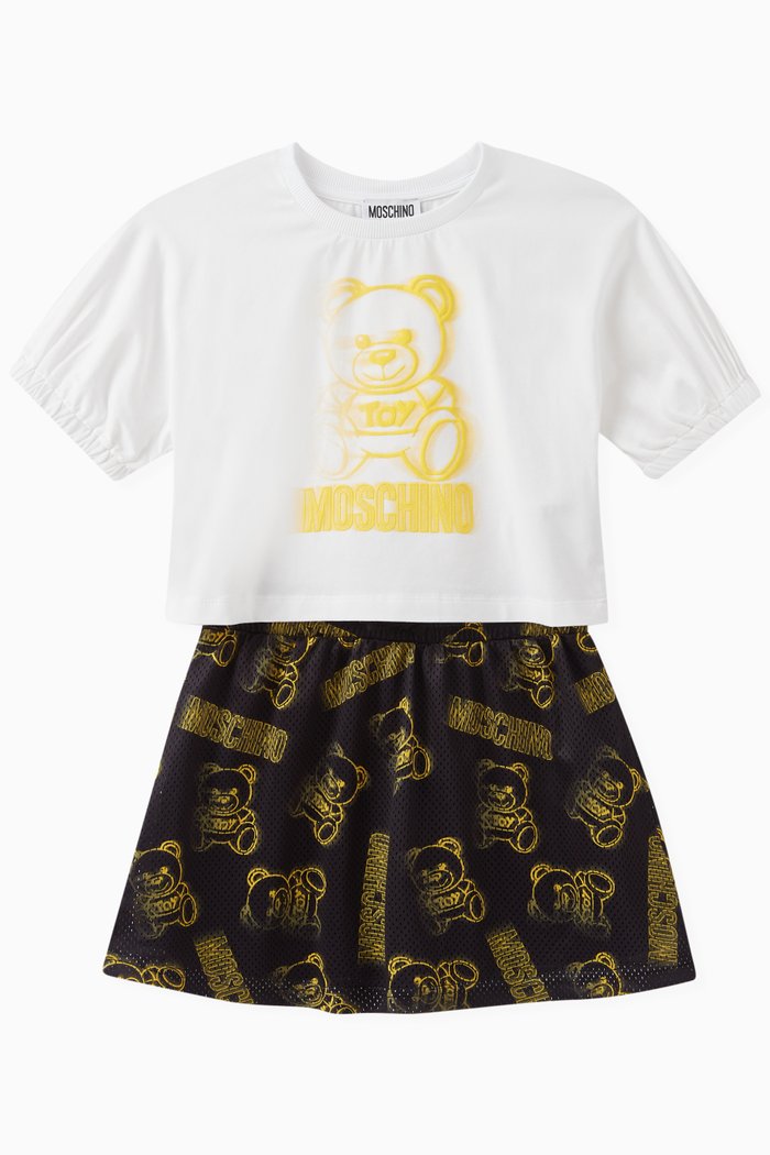 

Teddy Print T-shirt and Skirt, Set of Two, White