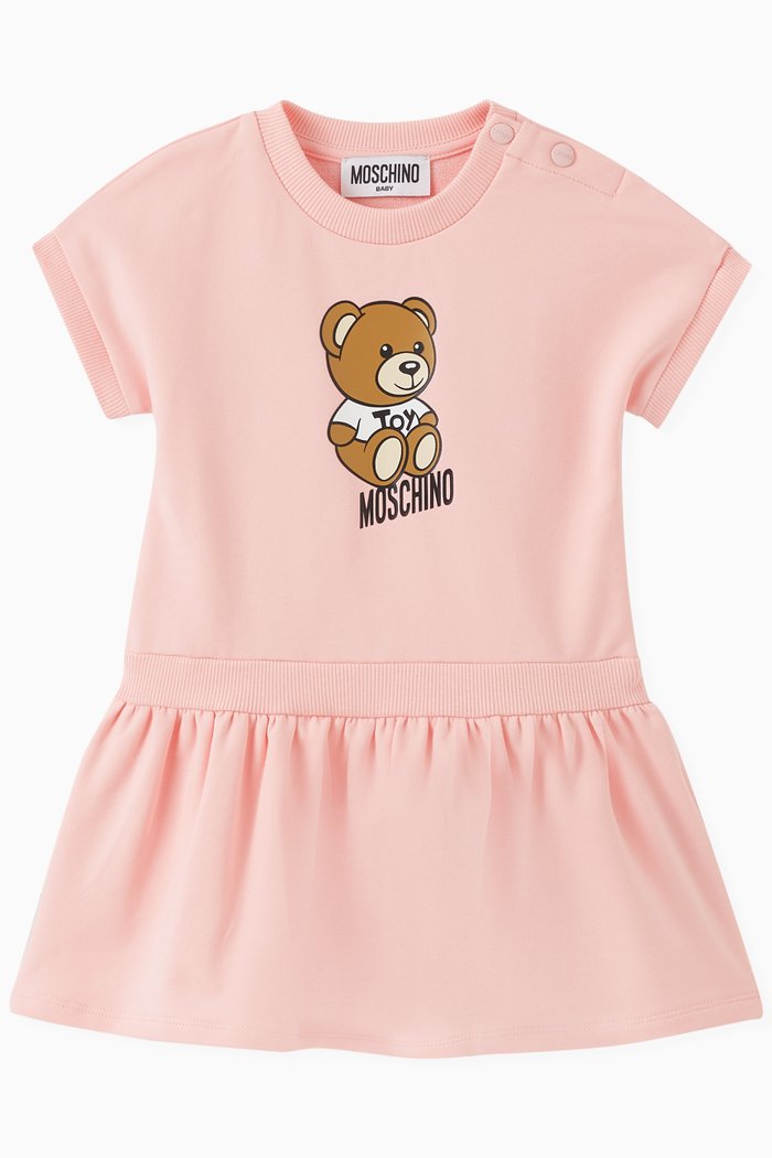 

Logo & Teddy Bear Print Dress in Cotton Blend, Pink