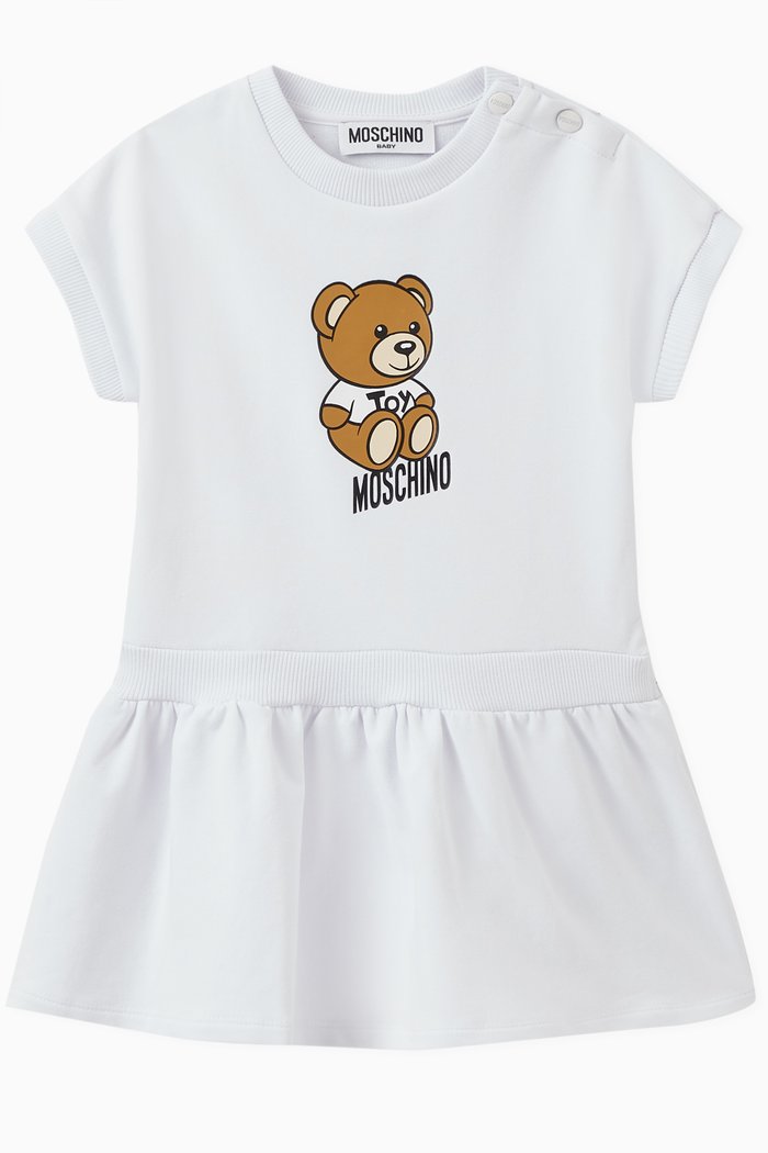 

Logo & Teddy Bear Print Dress in Cotton Blend, White