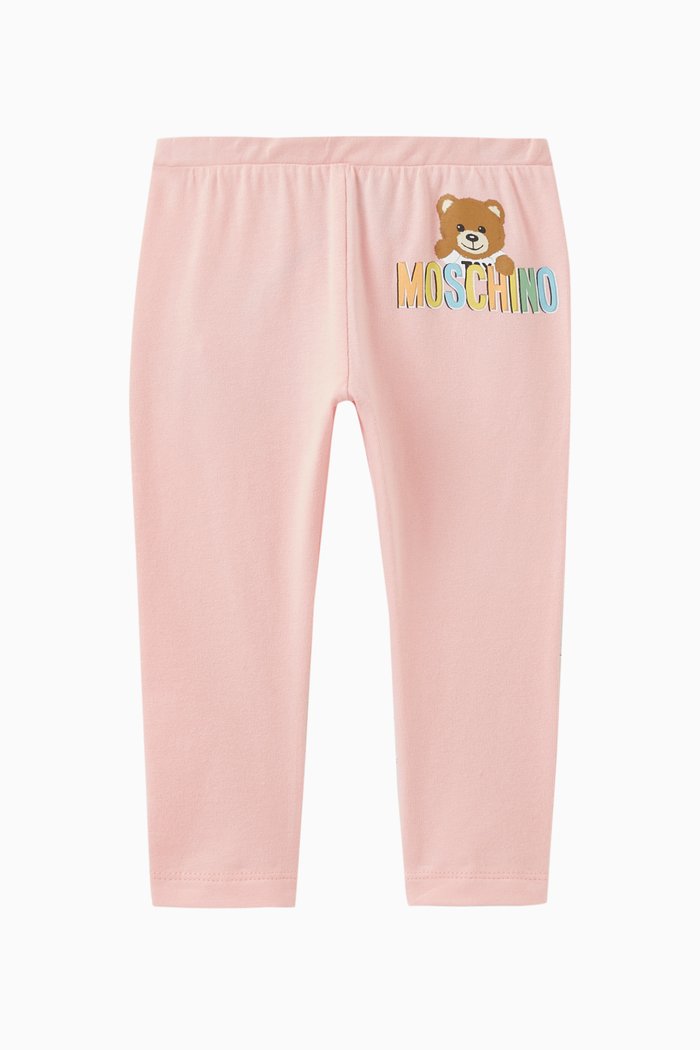 

Logo & Teddy Bear Print Leggings in Stretch Cotton, Pink