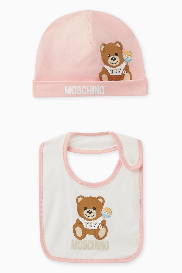 

Teddy Bear Logo Bib & Hat Set in Cotton, Pink