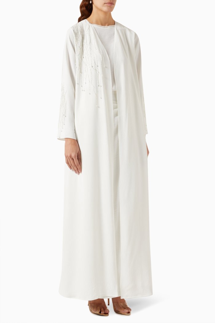 

Embellished Abaya, Top & Skirt Set in Cotton-blend, White