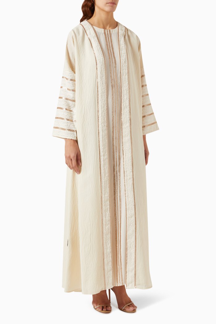 

Sequin-embellished Abaya Set in Cotton-blend, Neutral