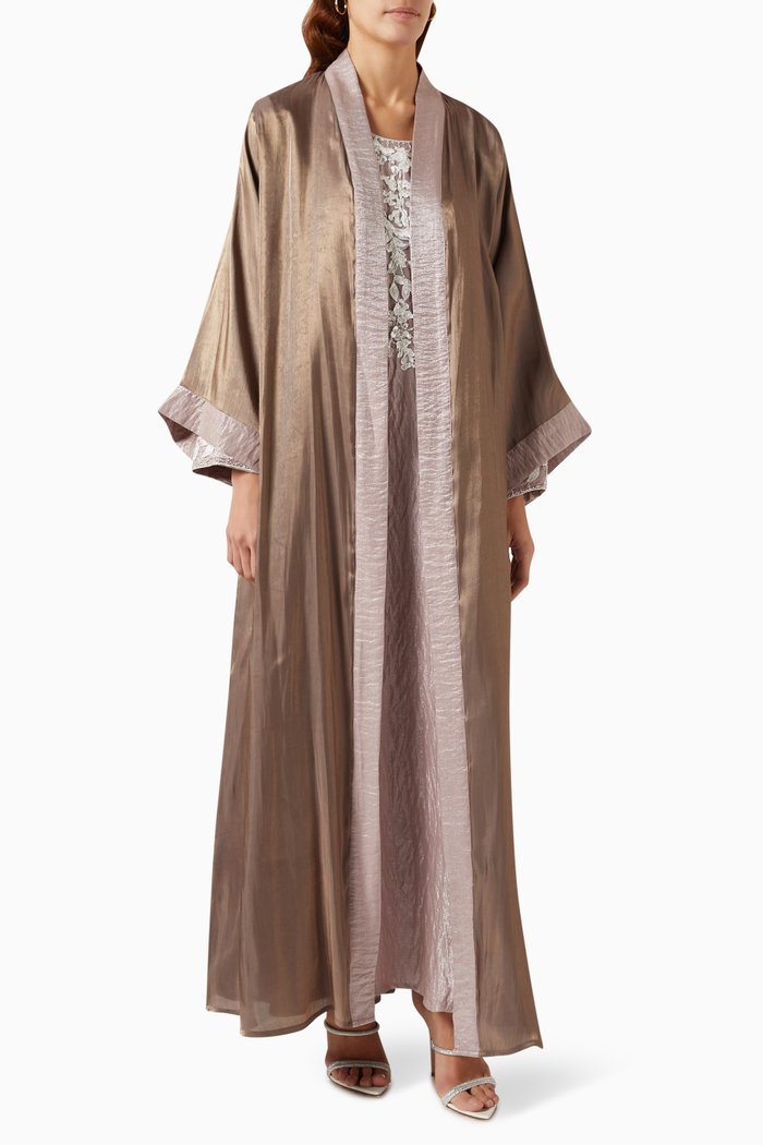 

Embroidered Shimmer Abaya Set in Organza, Neutral