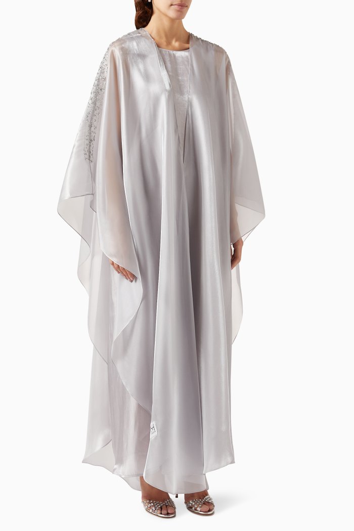 

Embellished Sheer Abaya Set in Organza, Grey