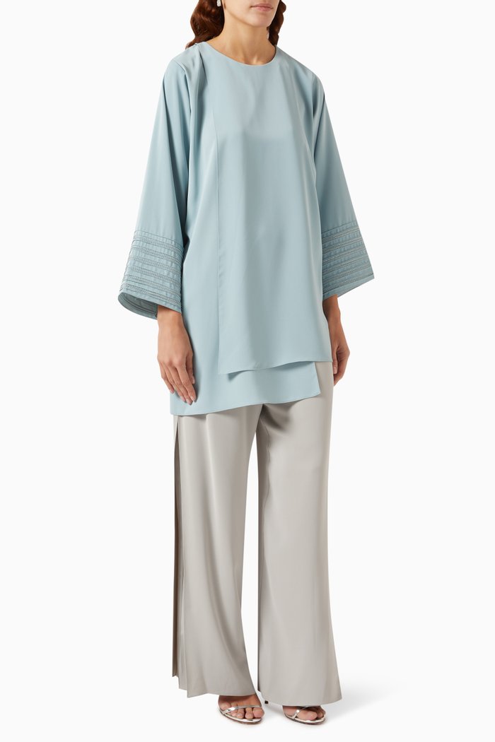 

Bead-embellished Top & Pants Set in Crepe, Blue