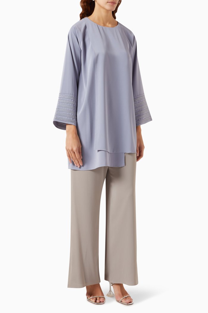 

Bead-embellished Top & Pants Set in Crepe, Purple