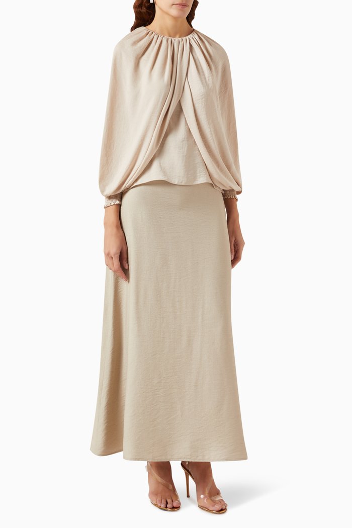 

Draped Top & Skirt Set in Silk & Linen, Neutral