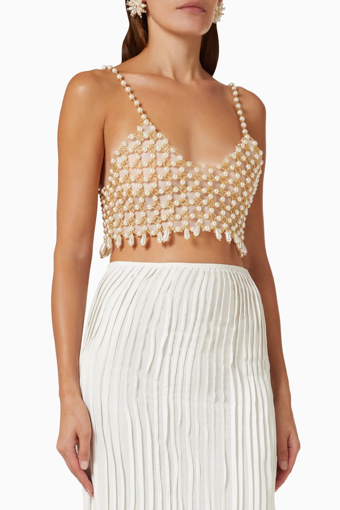 L'Operette Pearl-embellished Bustier Top, White