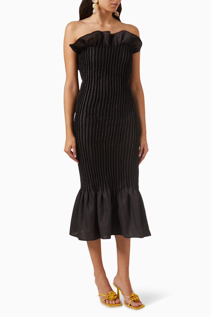 

The Vague Pleated Midi Dress in Cotton-linen Blend, Black