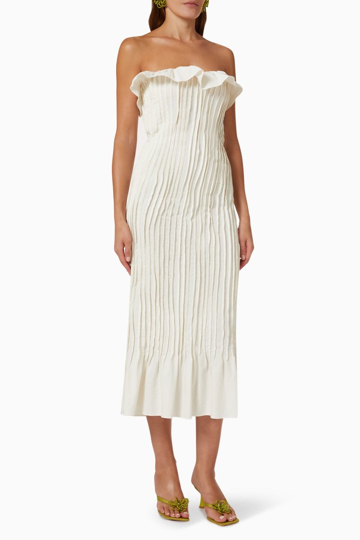

The Vague Pleated Midi Dress in Cotton-linen Blend, White