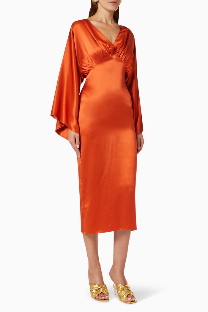 La Rivage V-neck Midi Dress in Silk-satin, Orange