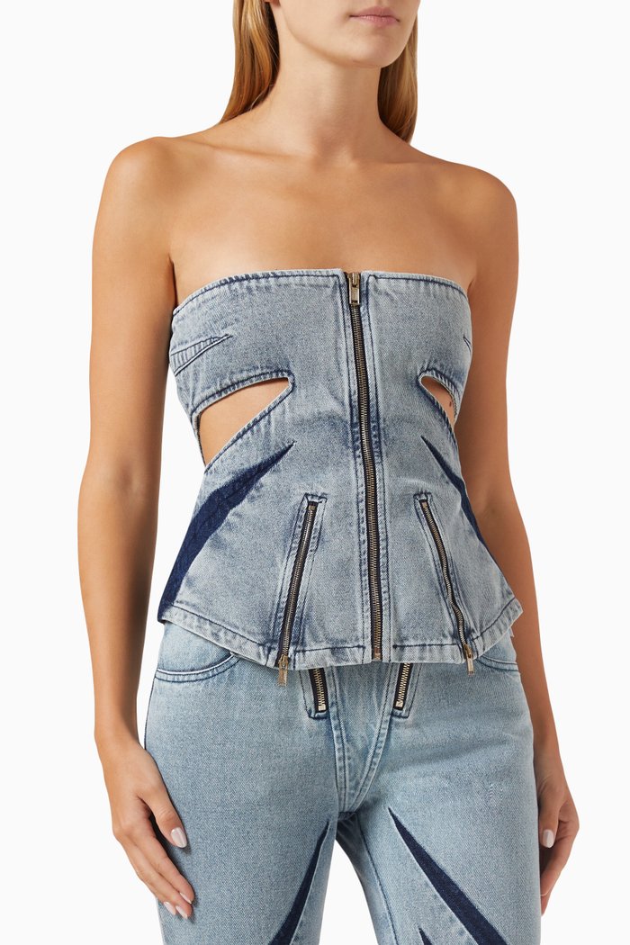 

Darted Peplum Corset in Denim, Blue