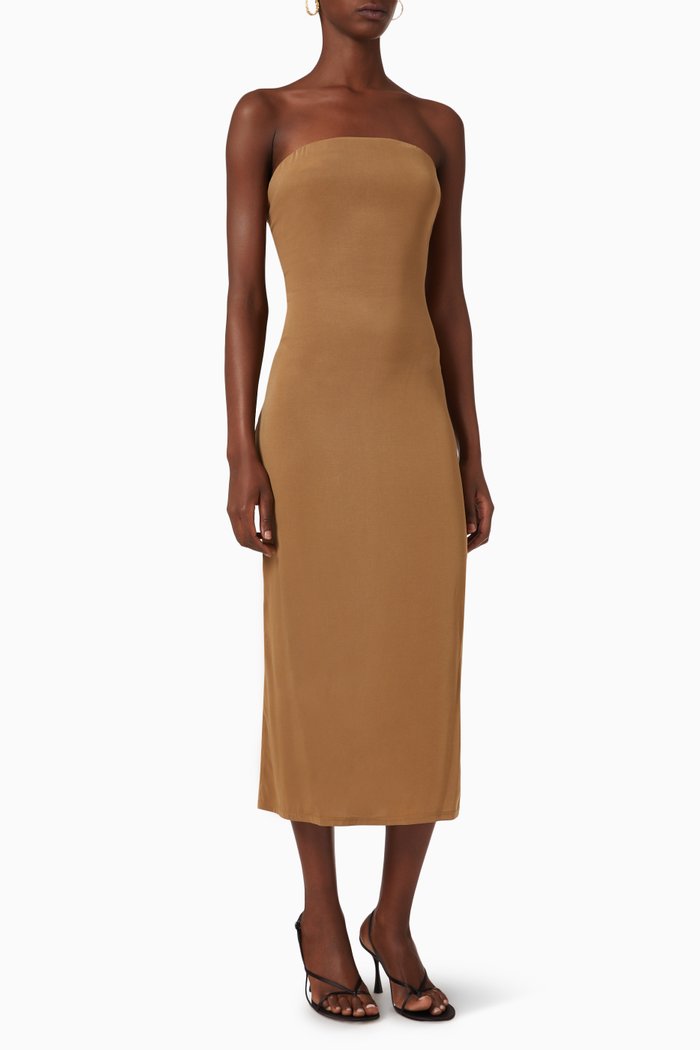 

The Strapless Tie-back Midi Dress in Stretch Cupro, Brown