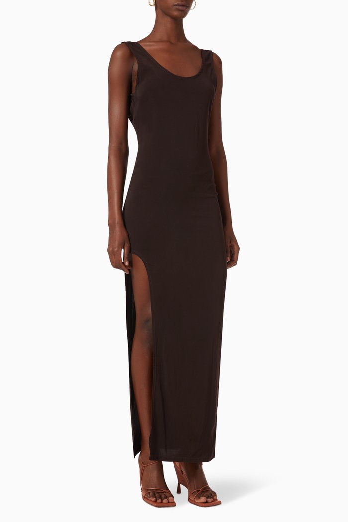 Open-back Tank Maxi Dress in Stretch Cupro, Brown