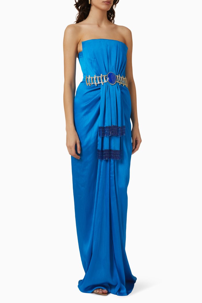 

Strapless Maxi Dress in Satin, Blue